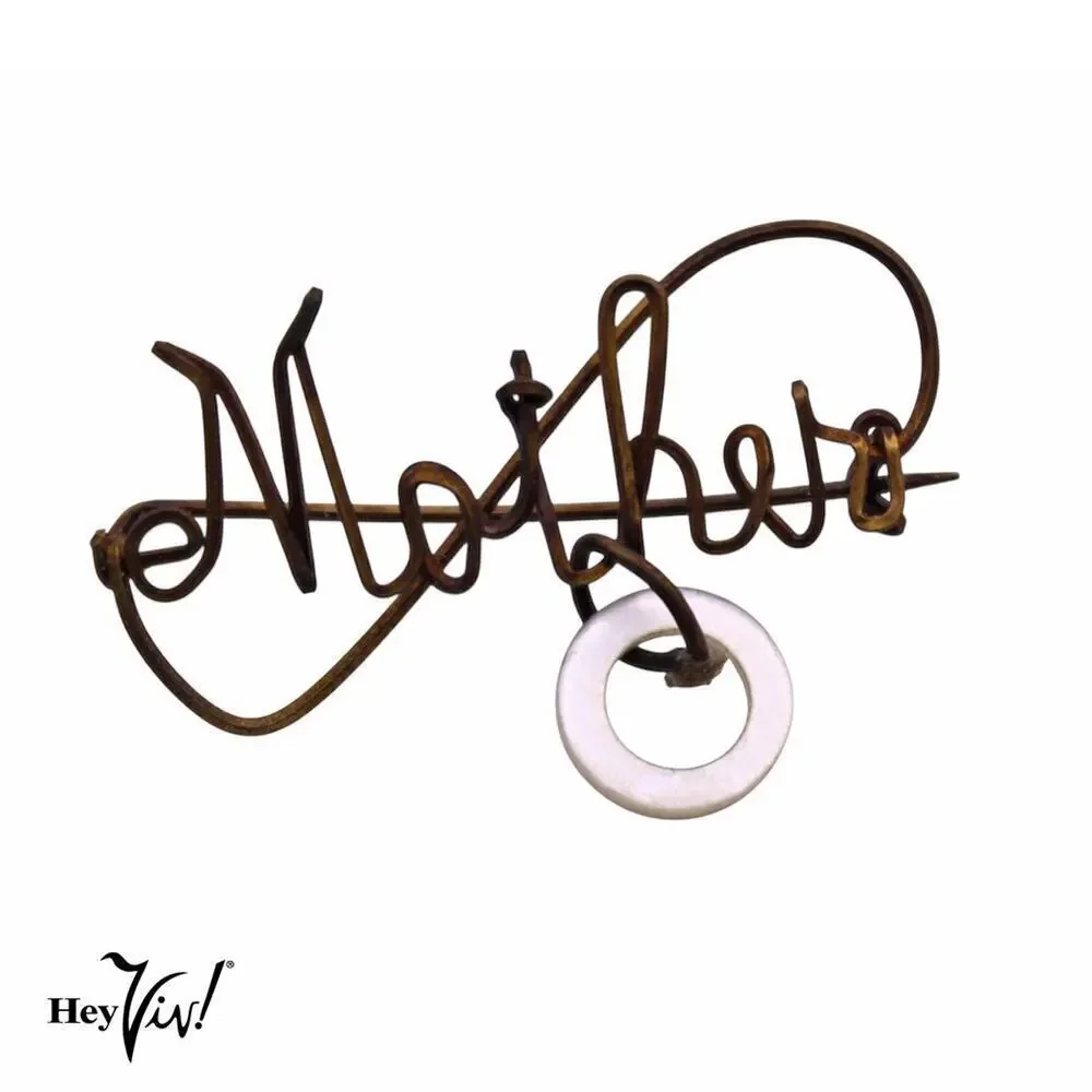 Vintage Mother Pin in Delicate Gold Metal Wire Script w MOP Dangle 1.5